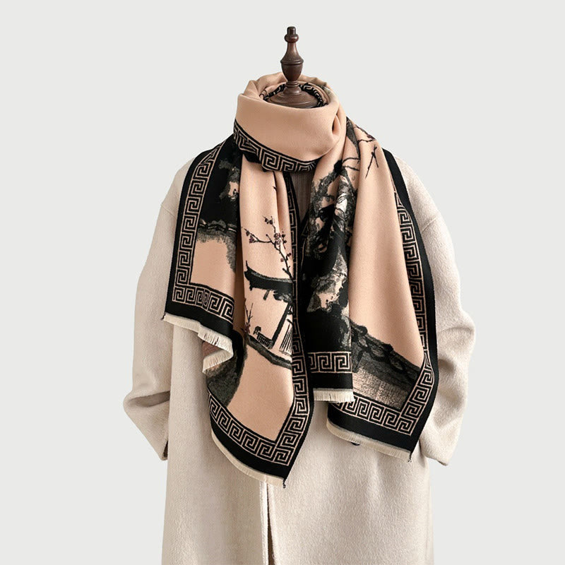 Tactile Knit Tibetan Ink Painting Meditation Shawl Wrap