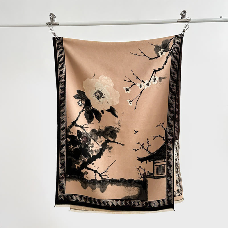 Tactile Knit Tibetan Ink Painting Meditation Shawl Wrap