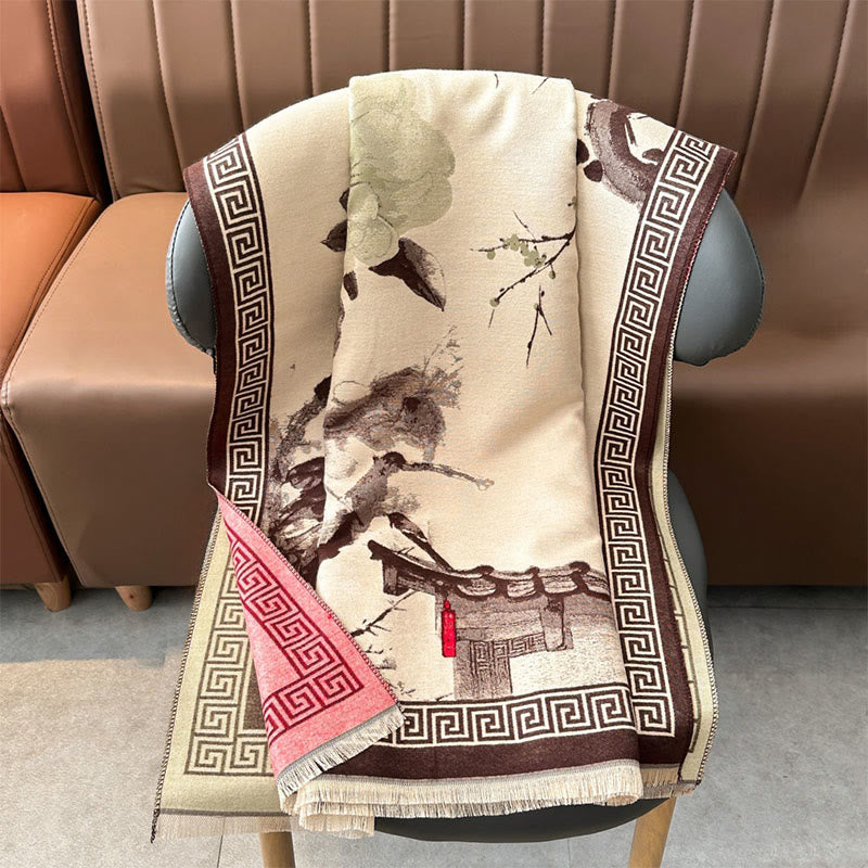 Tactile Knit Tibetan Ink Painting Meditation Shawl Wrap