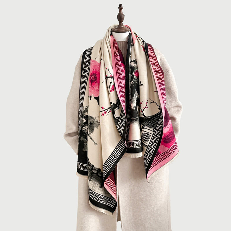 Tactile Knit Tibetan Ink Painting Meditation Shawl Wrap