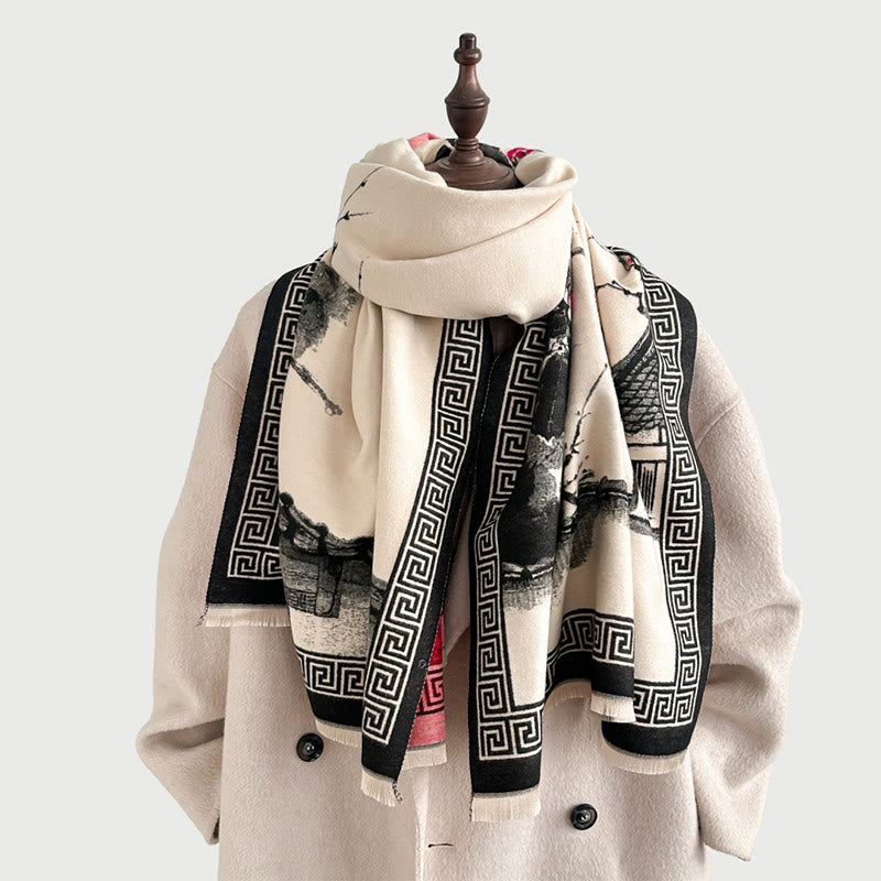Tactile Knit Tibetan Ink Painting Meditation Shawl Wrap
