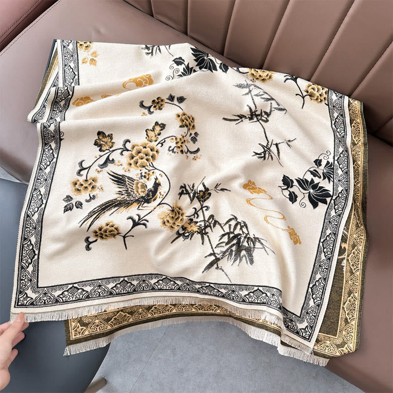 Winter Birds Bamboo Leaves Vines Pattern Soft Scarf Shawl