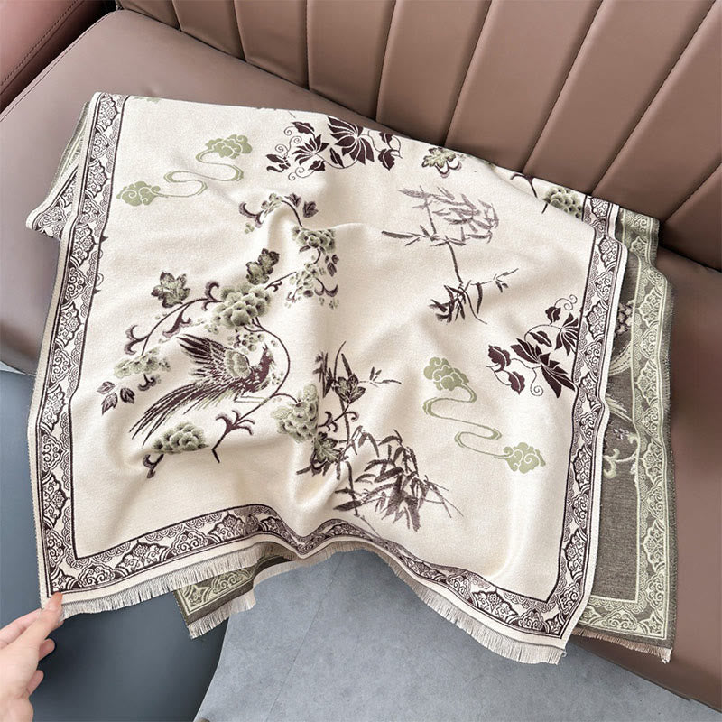 Winter Birds Bamboo Leaves Vines Pattern Soft Scarf Shawl