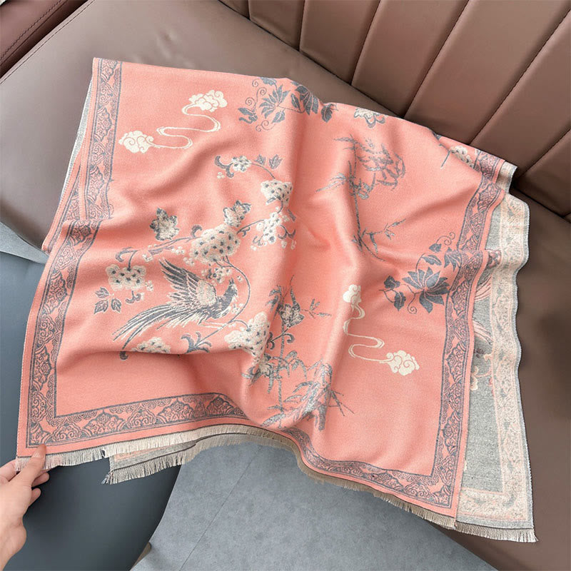 Winter Birds Bamboo Leaves Vines Pattern Soft Scarf Shawl