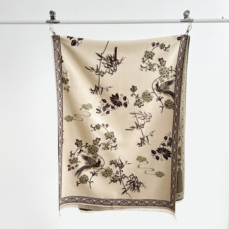 Winter Birds Bamboo Leaves Vines Pattern Soft Scarf Shawl