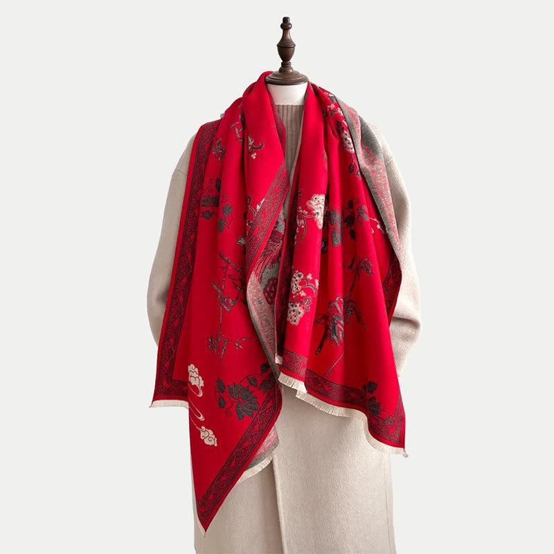 Winter Birds Bamboo Leaves Vines Pattern Soft Scarf Shawl