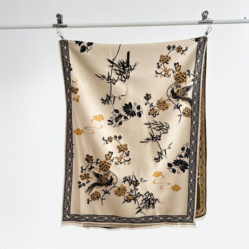 Winter Birds Bamboo Leaves Vines Pattern Soft Scarf Shawl