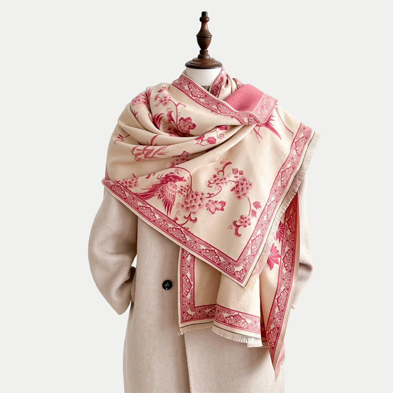 Winter Birds Bamboo Leaves Vines Pattern Soft Scarf Shawl