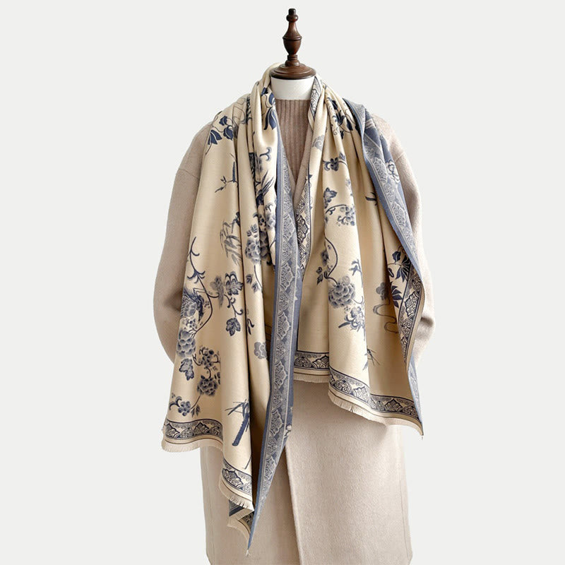Winter Birds Bamboo Leaves Vines Pattern Soft Scarf Shawl