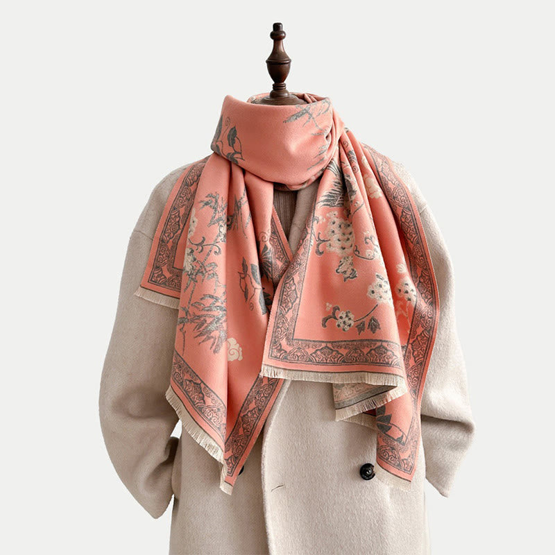 Winter Birds Bamboo Leaves Vines Pattern Soft Scarf Shawl