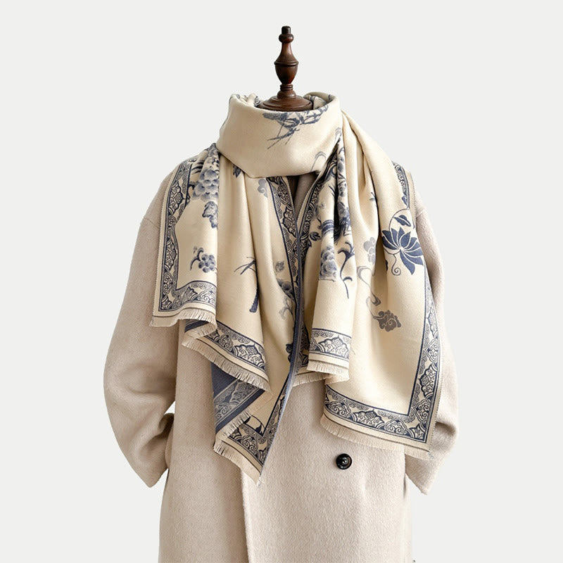 Winter Birds Bamboo Leaves Vines Pattern Soft Scarf Shawl