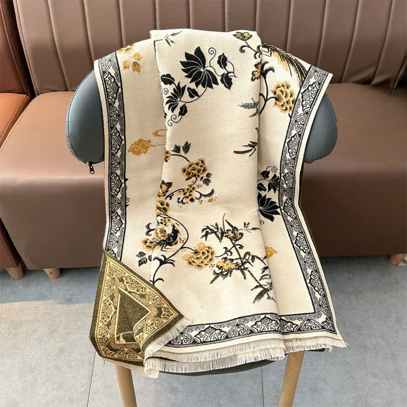 Winter Birds Bamboo Leaves Vines Pattern Soft Scarf Shawl