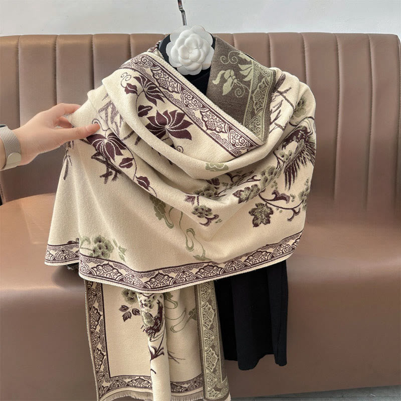 Winter Birds Bamboo Leaves Vines Pattern Soft Scarf Shawl