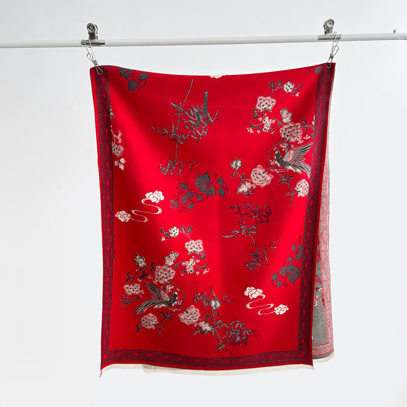 Winter Birds Bamboo Leaves Vines Pattern Soft Scarf Shawl