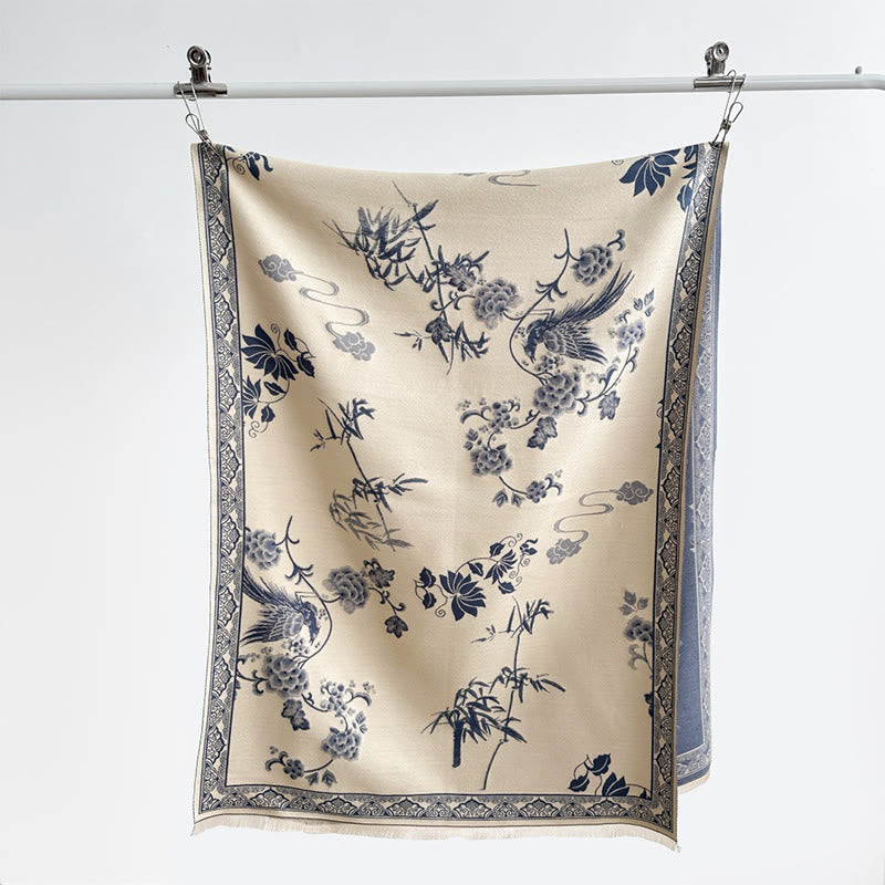 Winter Birds Bamboo Leaves Vines Pattern Soft Scarf Shawl