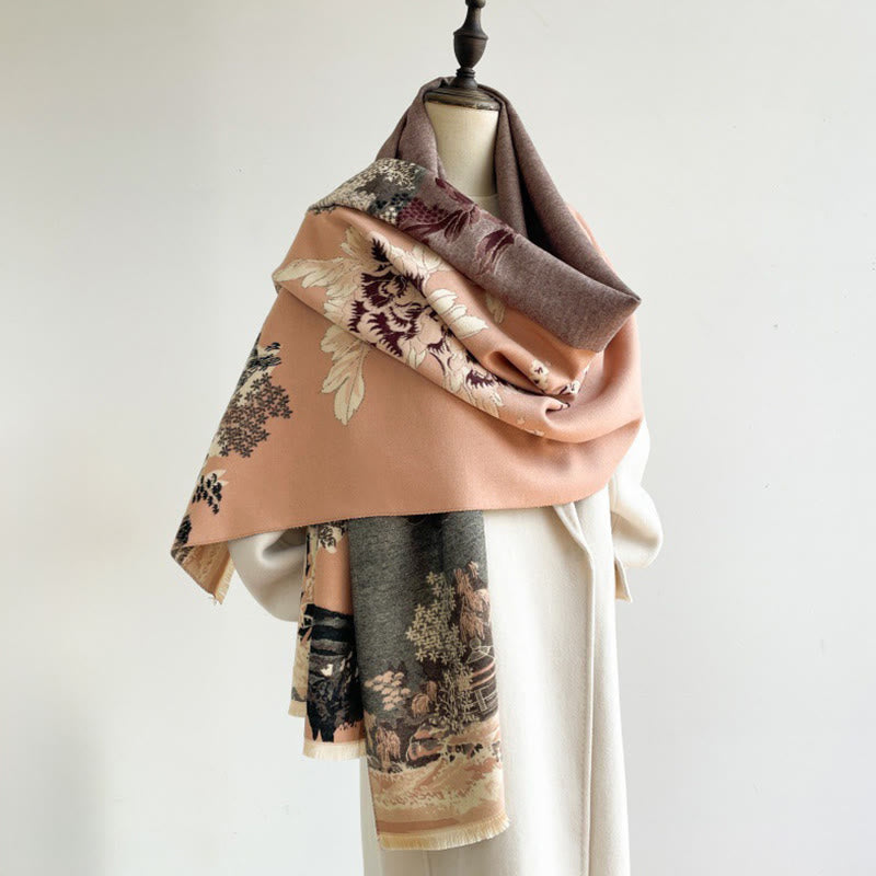 Botanical Pattern Knit Meditation Tibetan Shawl Wrap