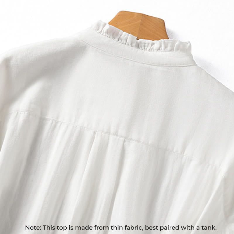 White Ruffled Collar Long Sleeve Women's Cotton Shirt