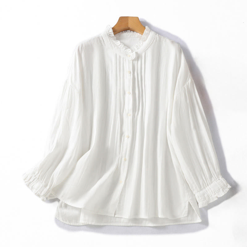 White Ruffled Collar Long Sleeve Women's Cotton Shirt