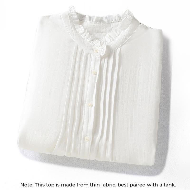 White Ruffled Collar Long Sleeve Women's Cotton Shirt
