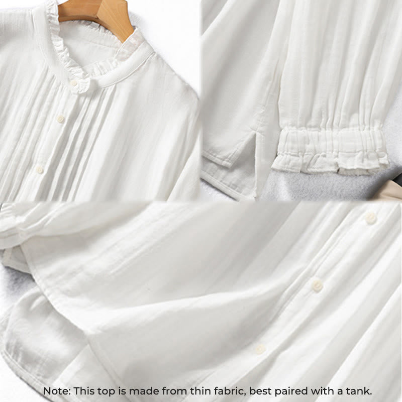 White Ruffled Collar Long Sleeve Women's Cotton Shirt