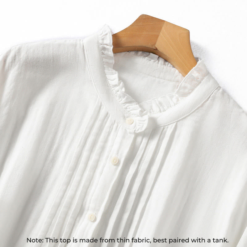 White Ruffled Collar Long Sleeve Women's Cotton Shirt