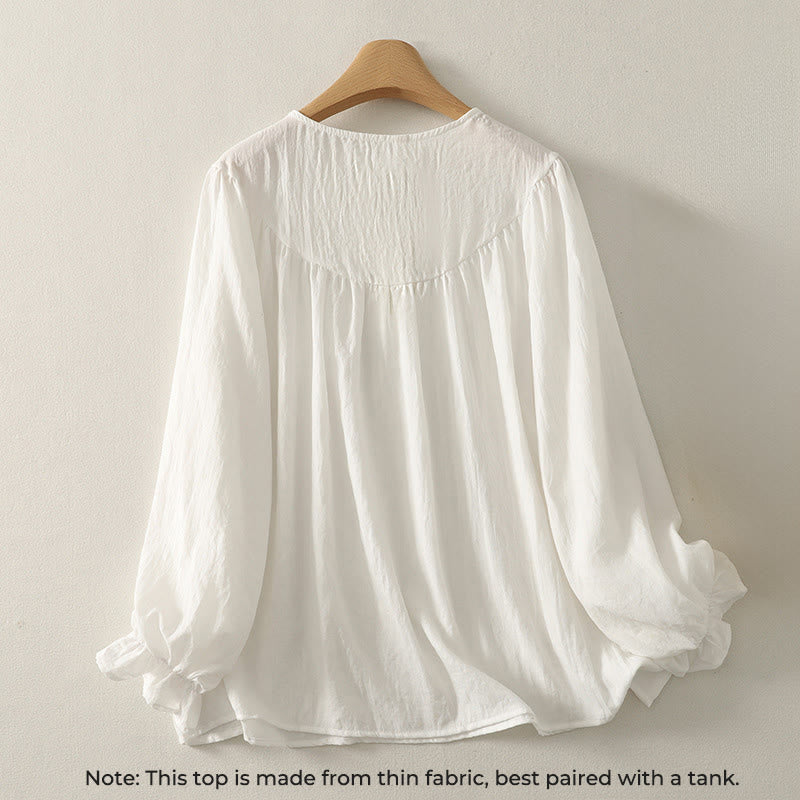 White Buttons Ruffled Long Sleeve Women's Cotton Shirt