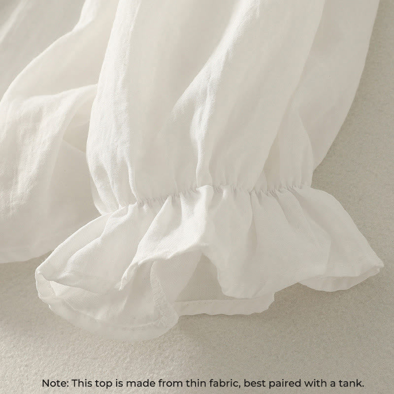 White Buttons Ruffled Long Sleeve Women's Cotton Shirt