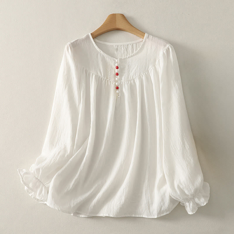 White Buttons Ruffled Long Sleeve Women's Cotton Shirt
