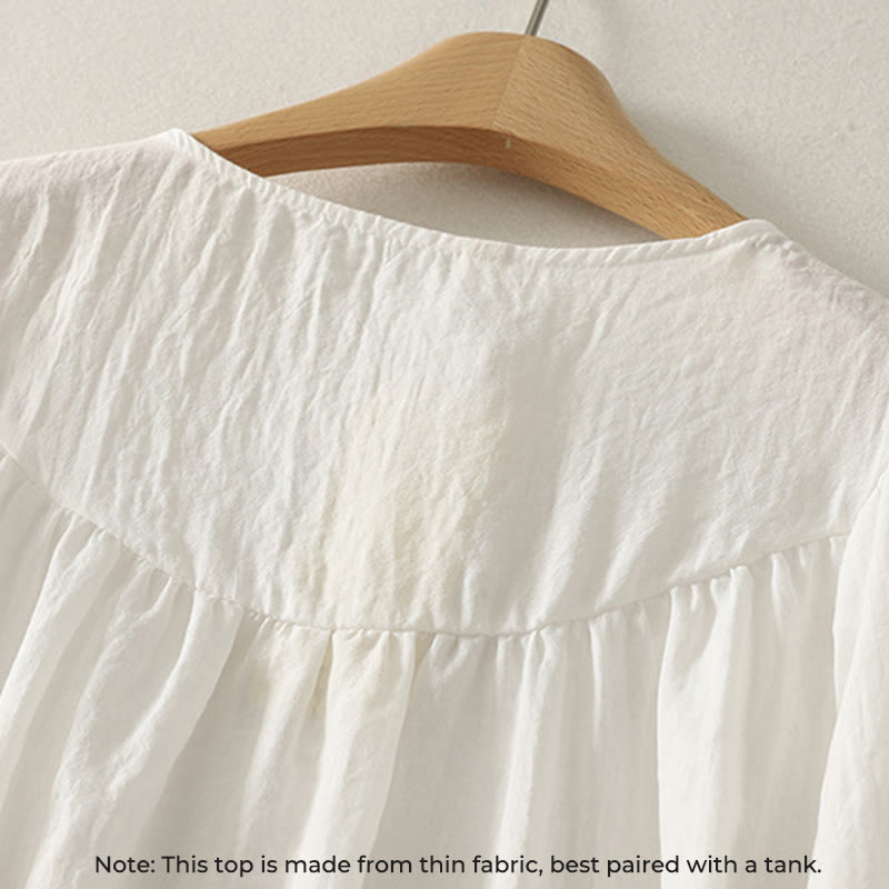 White Buttons Ruffled Long Sleeve Women's Cotton Shirt