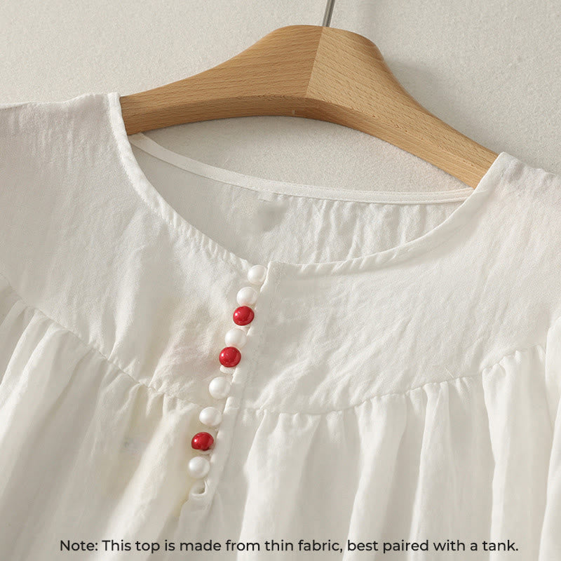 White Buttons Ruffled Long Sleeve Women's Cotton Shirt