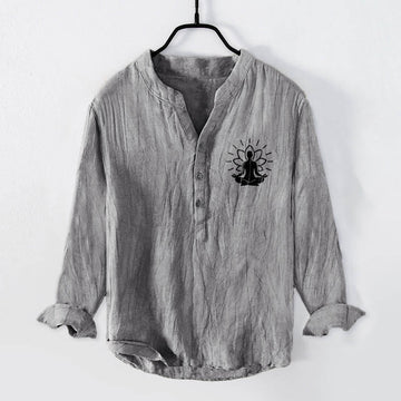 Cotton Linen Stand Collar Lotus Print Meditation Shirt