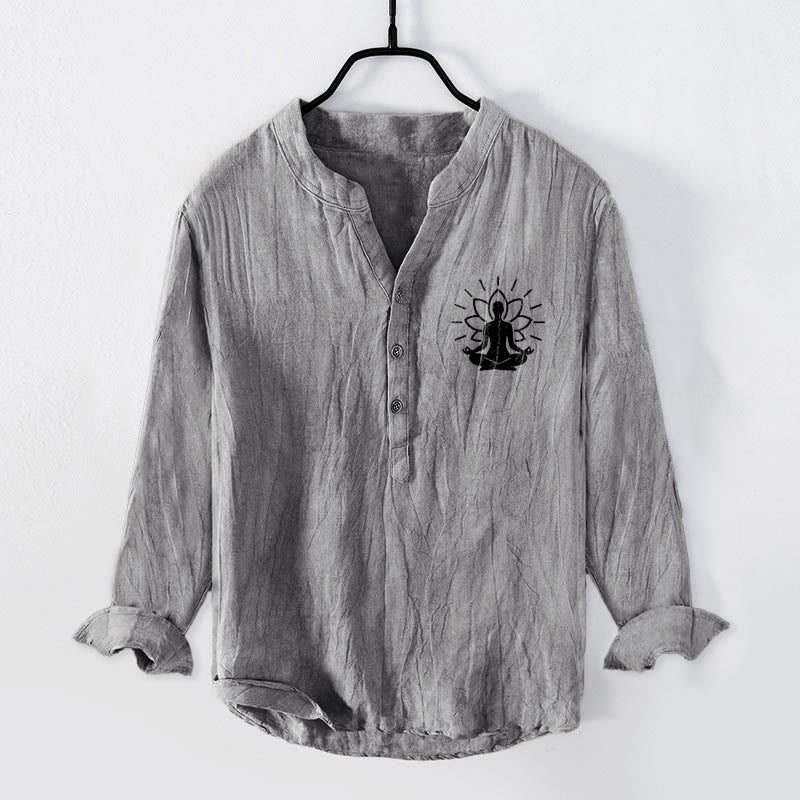 Cotton Linen Stand Collar Lotus Print Meditation Shirt