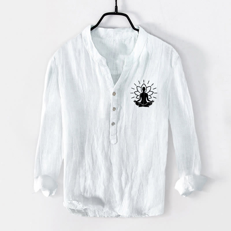 Cotton Linen Stand Collar Lotus Print Meditation Shirt