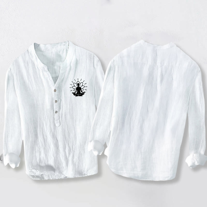 Cotton Linen Stand Collar Lotus Print Meditation Shirt