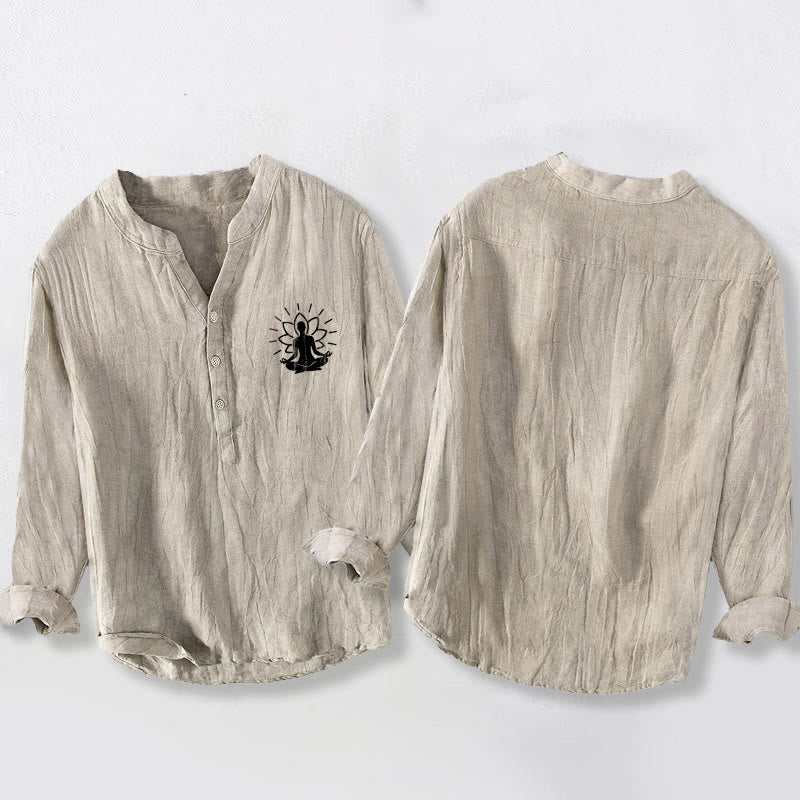 Cotton Linen Stand Collar Lotus Print Meditation Shirt