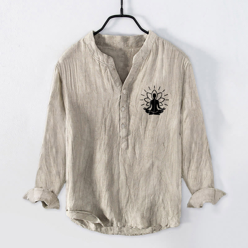Cotton Linen Stand Collar Lotus Print Meditation Shirt