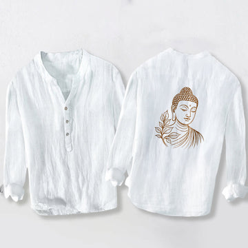 Cotton Linen Stand Collar Botanical Print Meditation Shirt