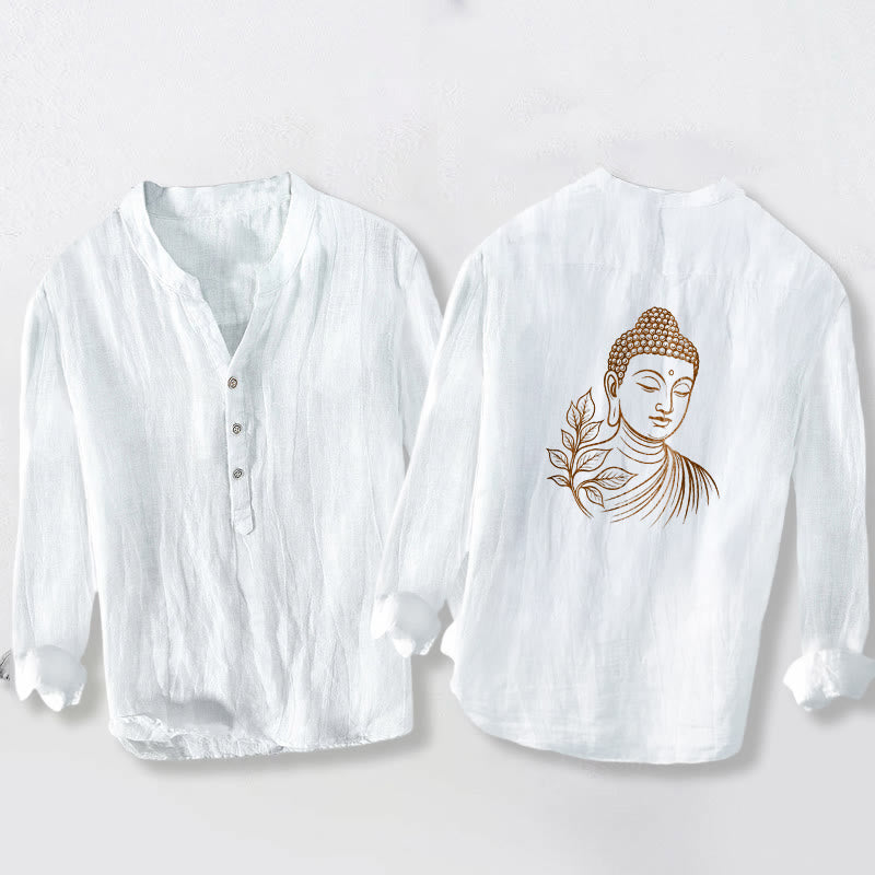 Cotton Linen Stand Collar Botanical Print Meditation Shirt