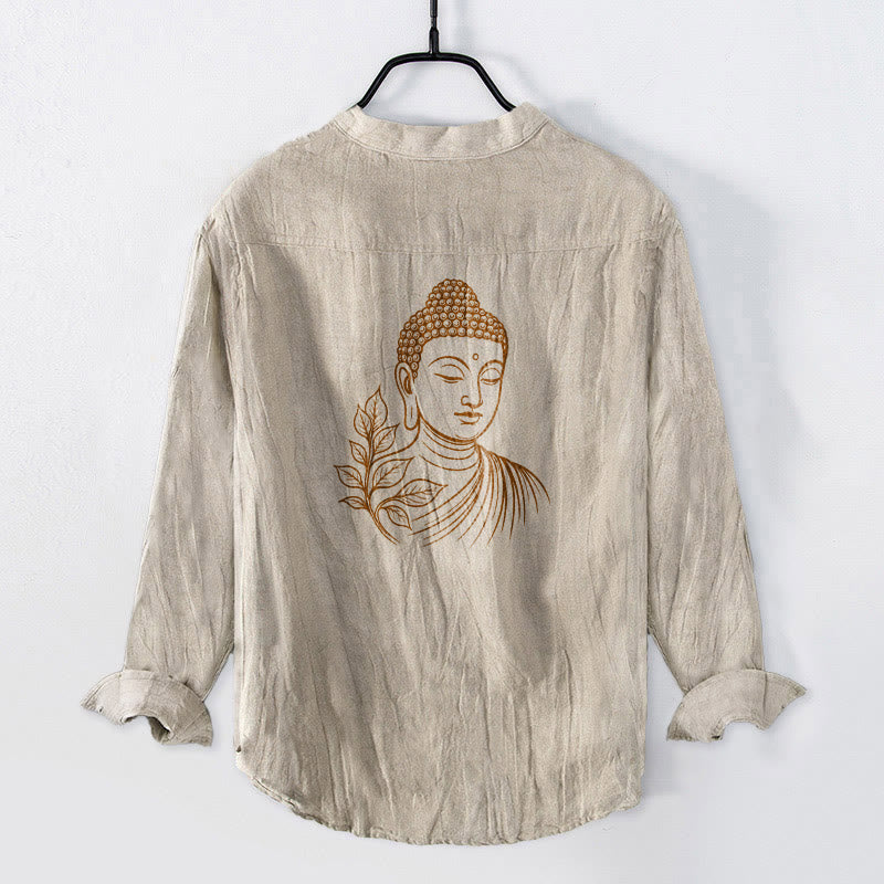 Cotton Linen Stand Collar Botanical Print Meditation Shirt