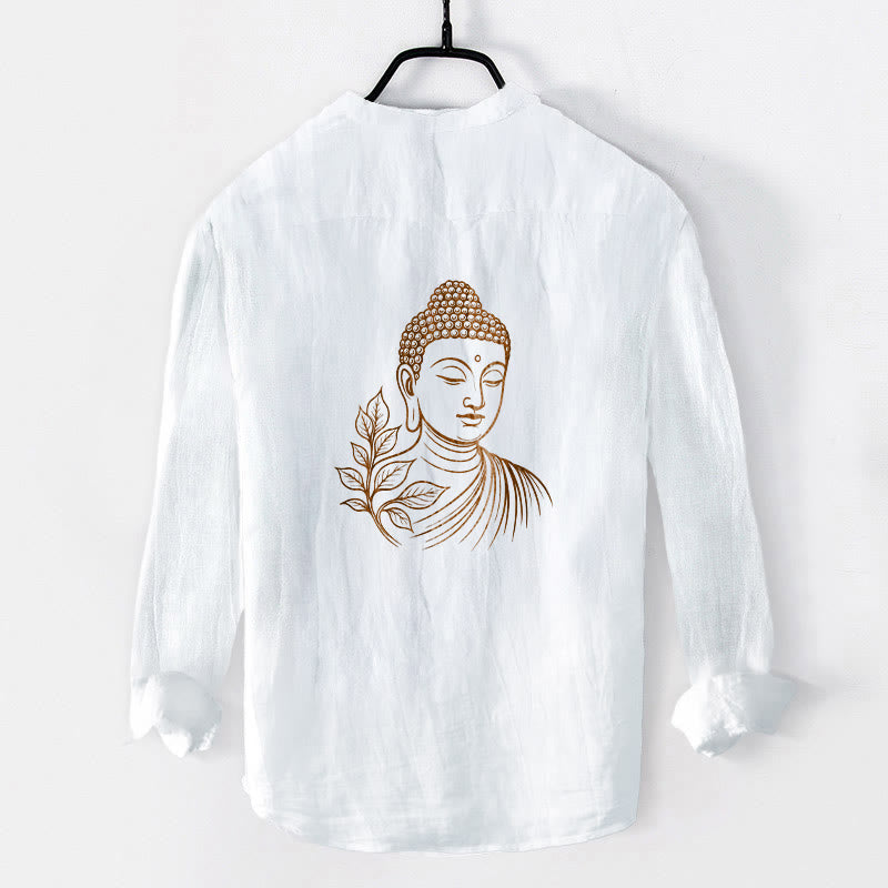Cotton Linen Stand Collar Botanical Print Meditation Shirt