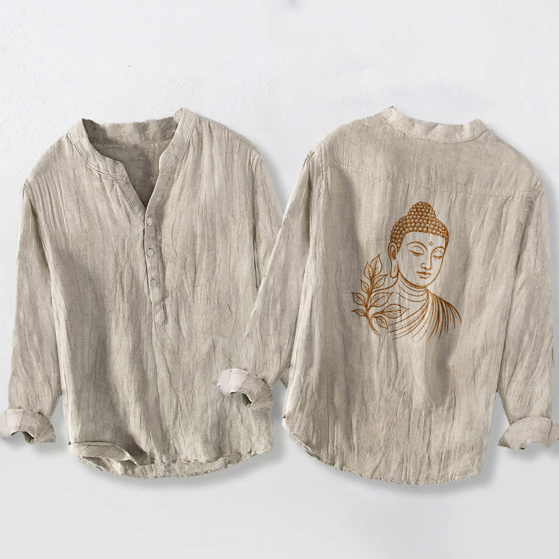 Cotton Linen Stand Collar Botanical Print Meditation Shirt