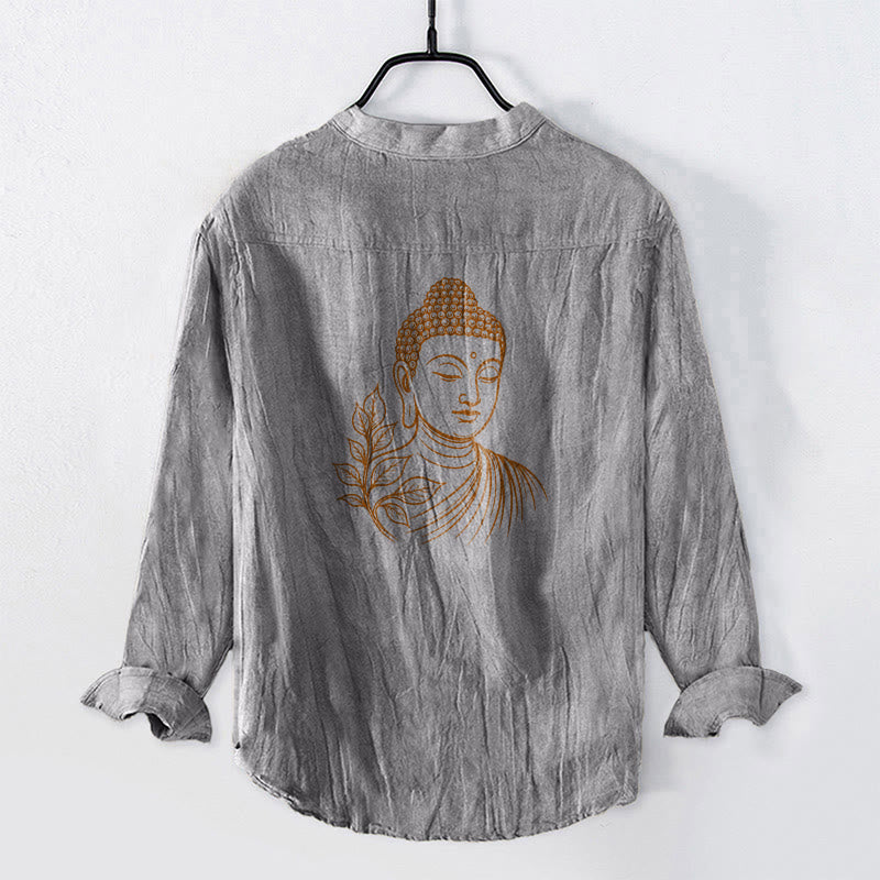 Cotton Linen Stand Collar Botanical Print Meditation Shirt