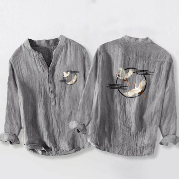 Tactile Cotton Linen Crane Print Stand Collar Shirt