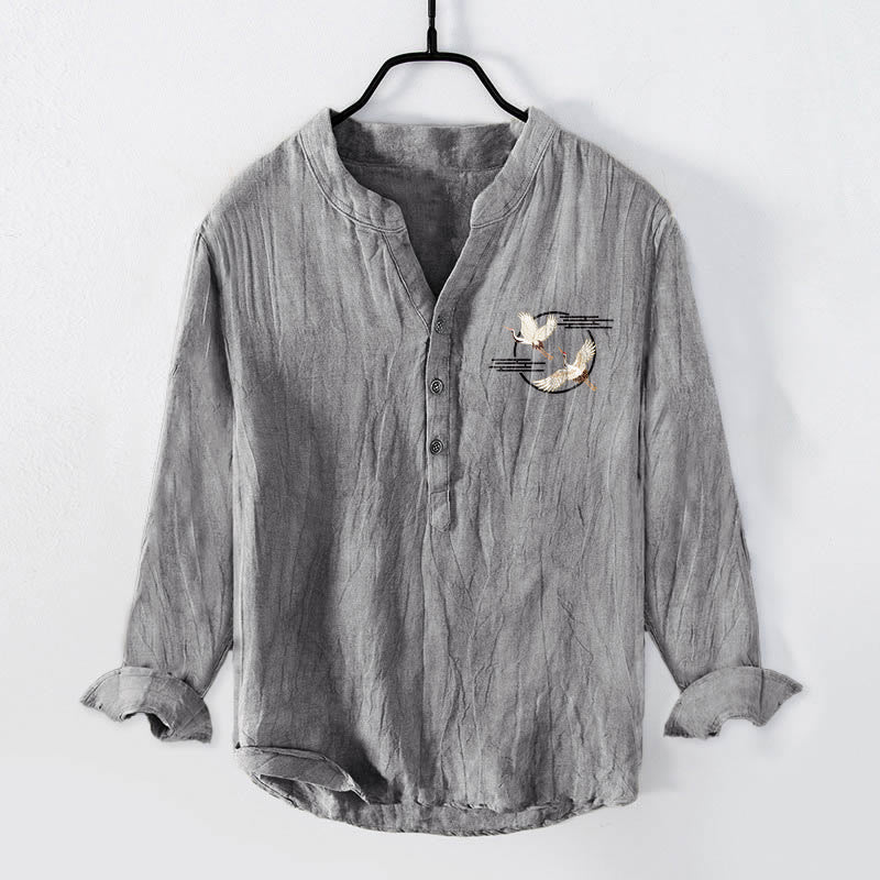 Tactile Cotton Linen Crane Print Stand Collar Shirt