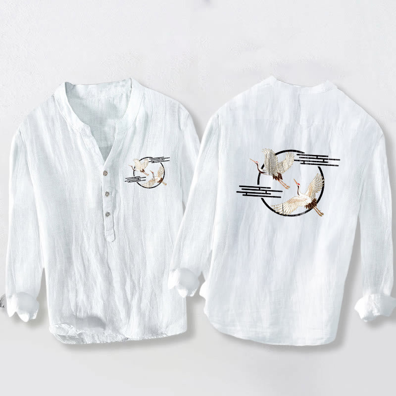 Tactile Cotton Linen Crane Print Stand Collar Shirt