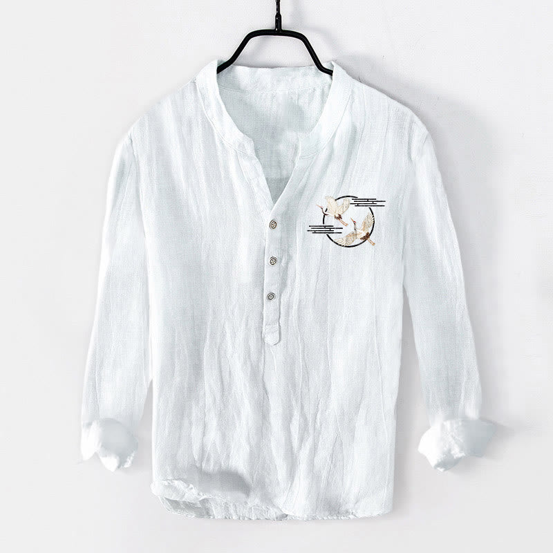Tactile Cotton Linen Crane Print Stand Collar Shirt
