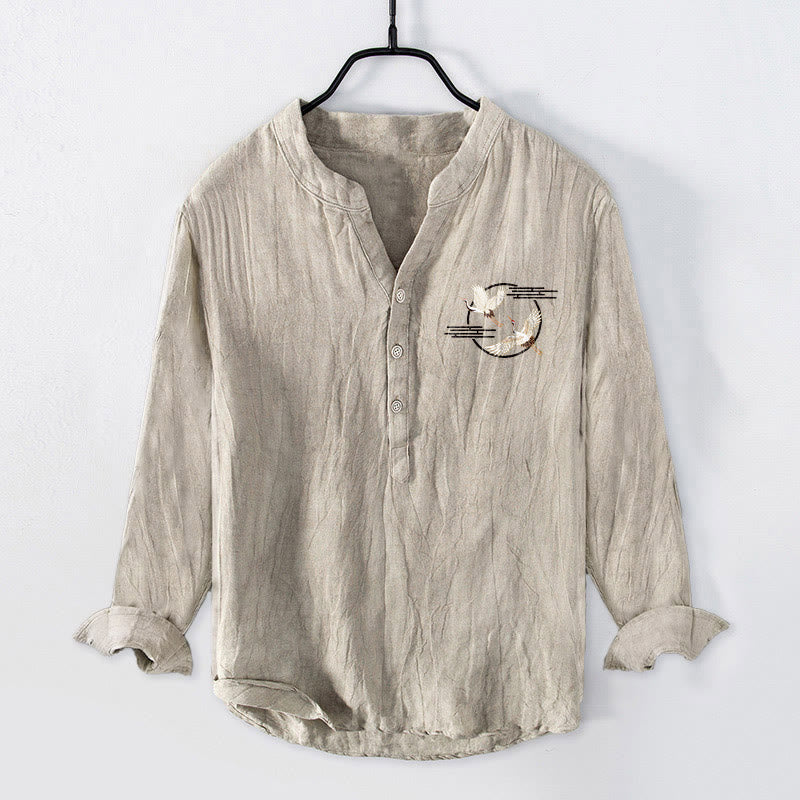 Tactile Cotton Linen Crane Print Stand Collar Shirt