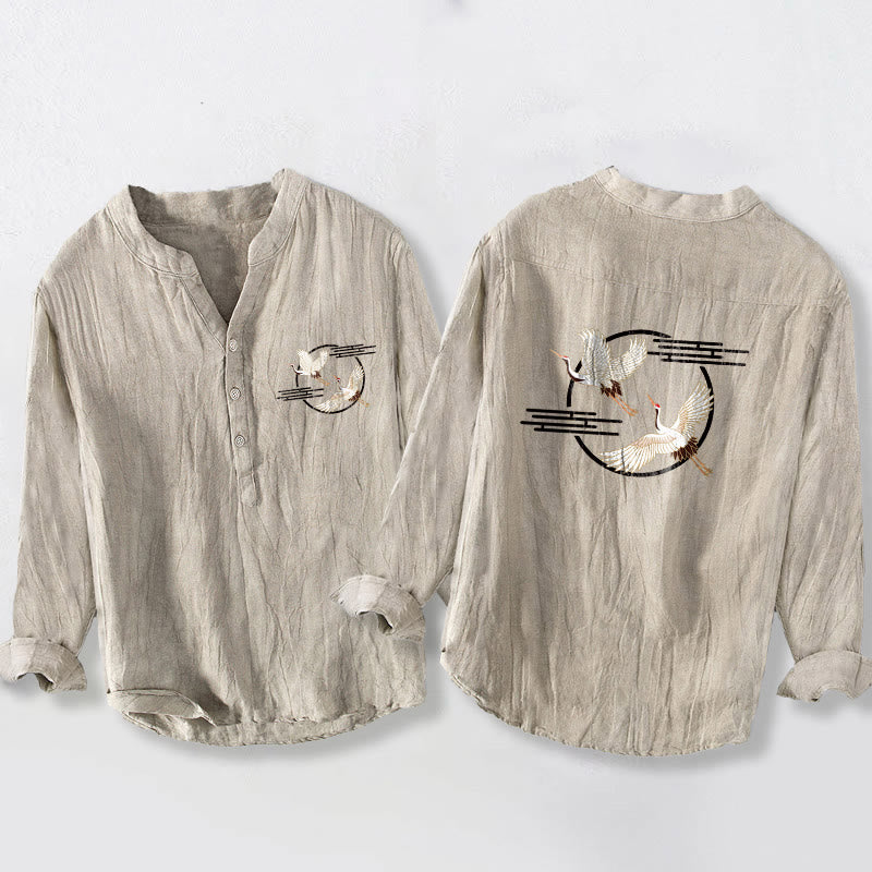 Tactile Cotton Linen Crane Print Stand Collar Shirt
