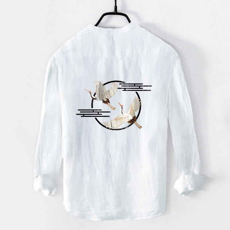 Tactile Cotton Linen Crane Print Stand Collar Shirt