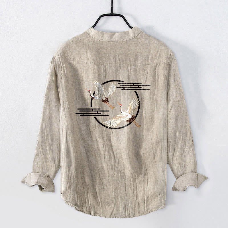Tactile Cotton Linen Crane Print Stand Collar Shirt
